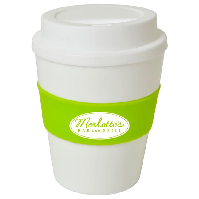 A drink cup with a white body, green silicone band, and a lid, featuring a logo.