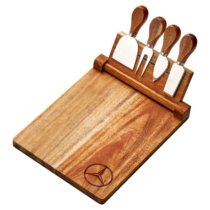 A wooden cheeseboard set featuring four stainless steel knives with wooden handles and a logo.
