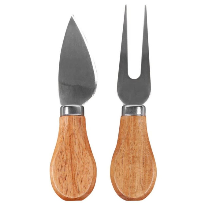 Two stainless steel cheese knives with wooden handles, featuring a spade-shaped knife and a fork.