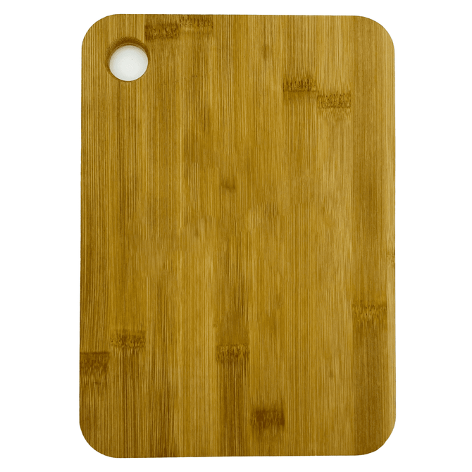 A large bamboo cutting board with a rounded corner and a hole for hanging. The board features a natural wood grain pattern.