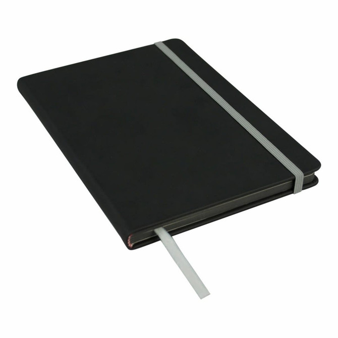A black A5 journal with an elastic band closure and a ribbon bookmark. It features a simple design and has a logo.