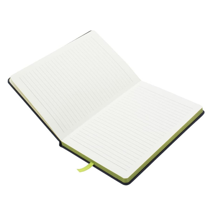 An A5 journal with lined pages, featuring a black cover and green accents, including a ribbon bookmark.