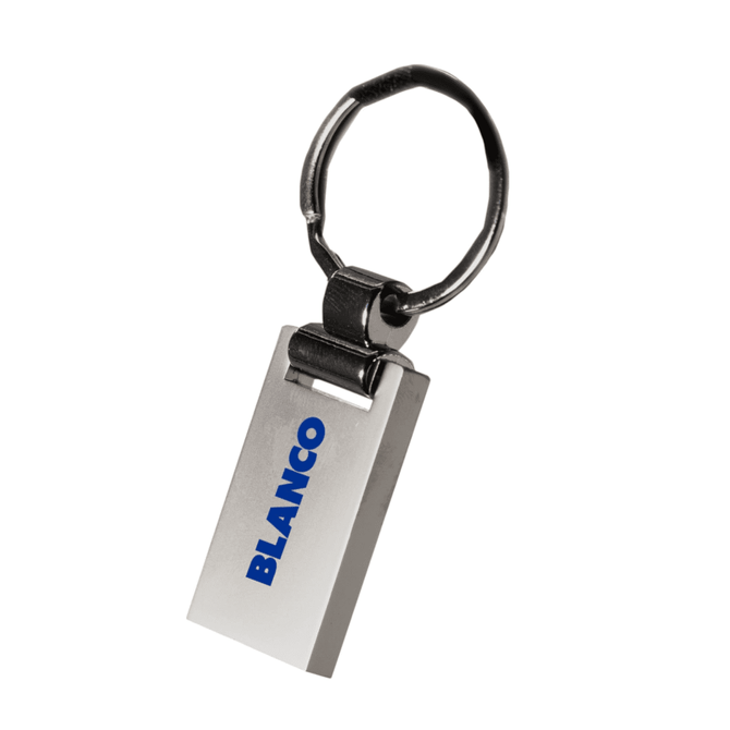 A silver metal keychain with a sleek rectangular design and a circular attachment ring. It has a branding logo.