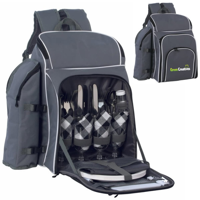 A grey picnic backpack with cutlery, drink bottles, glasses, and plates neatly organised inside. It has a logo on the front.