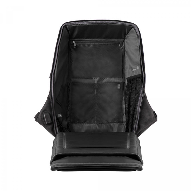 An ECO NOVA computer backpack in black, featuring multiple compartments and a padded section for a laptop.