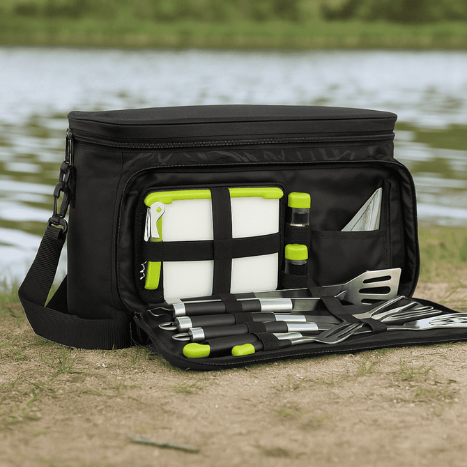 A black BBQ picnic bag with green accents, featuring utensils, a cutting board, and storage compartments, by a lake.