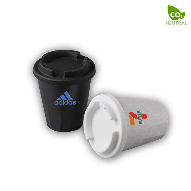 A drink bottle set featuring a black cup with a logo and a white cup with a logo, both designed for beverages.