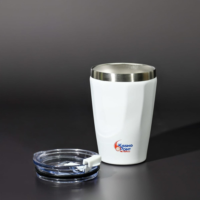 A drink bottle featuring a white exterior, stainless steel rim, and a clear lid, includes a logo.