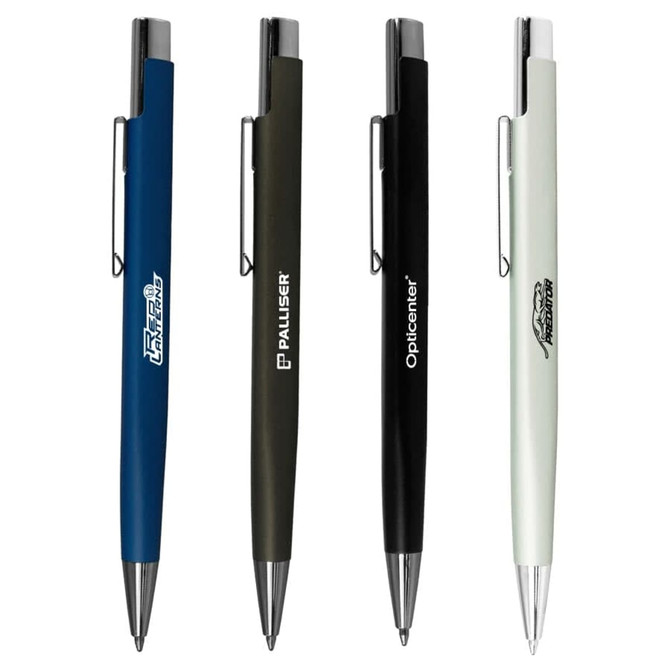 A collection of four metal pens in blue, olive green, black, and light grey, featuring various logos.