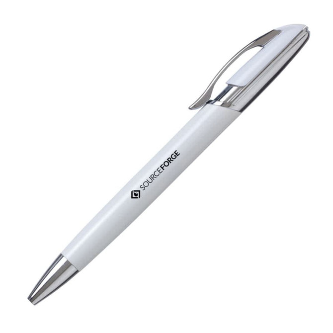 A metal pen in white with a silver clip and branding on the barrel.