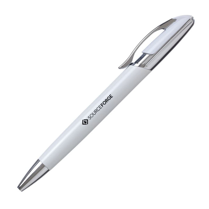 A metal pen with a white barrel and silver accents, featuring a logo on the side.