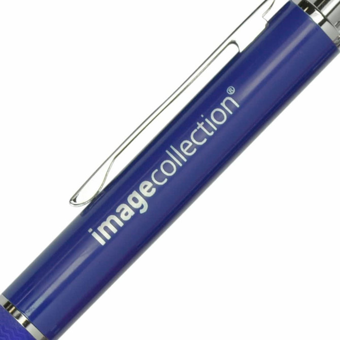 A metallic blue pen with a sleek design and a clip, featuring a logo on the side.