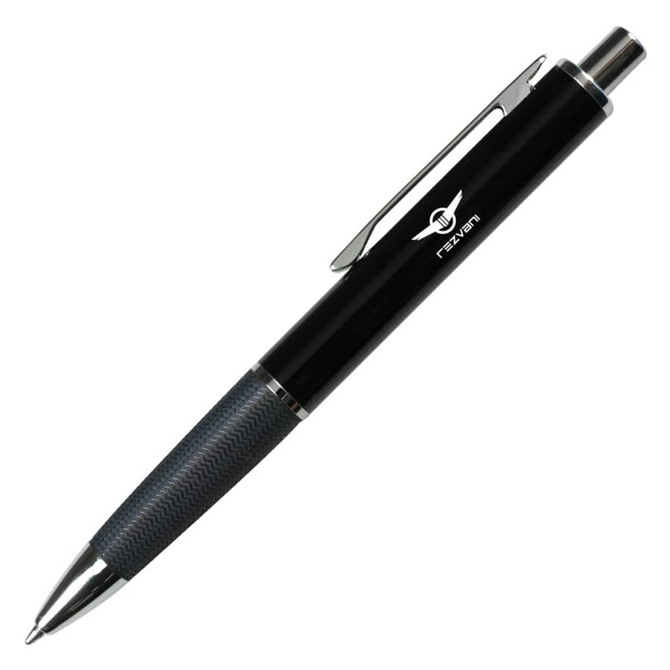 A black metal pen with a textured grip and a silver clip, featuring a logo on its side.