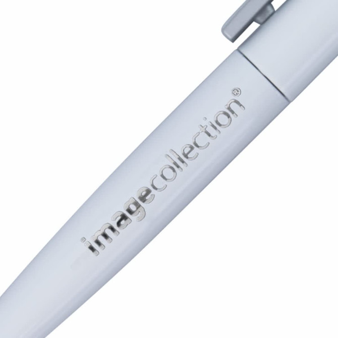 A metal pen in white with a silver clip, featuring a branding logo on the barrel.