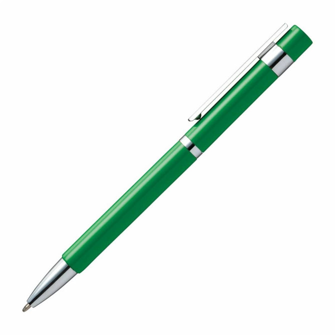 A green pen with a silver clip and trim, featuring a smooth finish and a ballpoint tip.