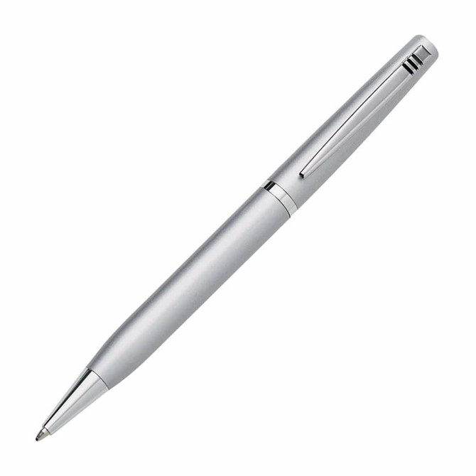 A silver pen with a sleek design and chrome accents. It features a pocket clip and has a branding logo.