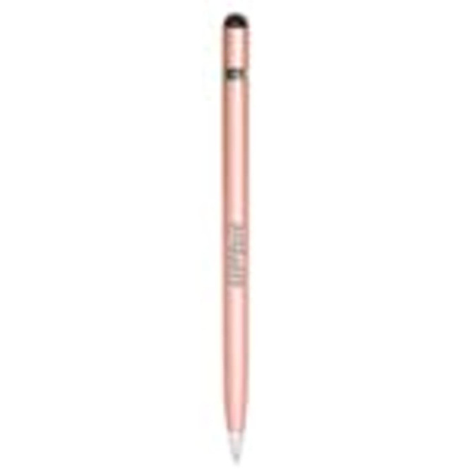 A metal pen in a rose gold finish with a logo. Features a smooth writing tip and a textured grip.