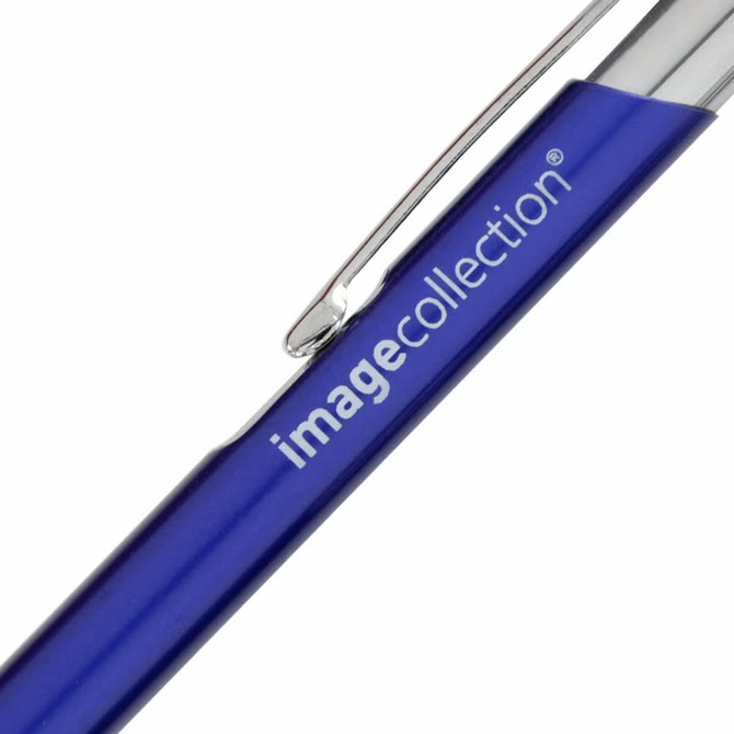 A metal pen in a vibrant blue colour with a silver clip and branding on the barrel.