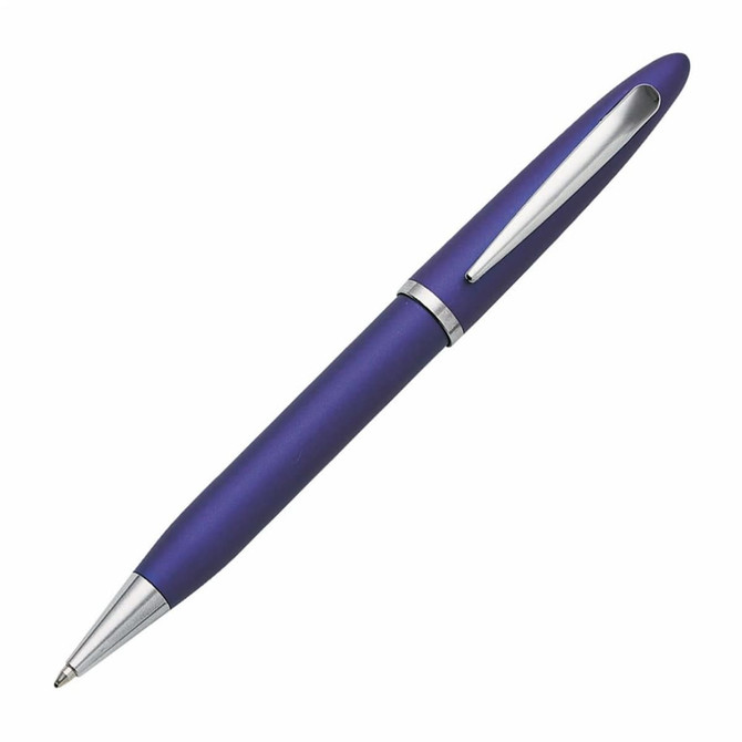 A purple metal pen with a silver clip and detailing, featuring a sleek design. It has a logo.