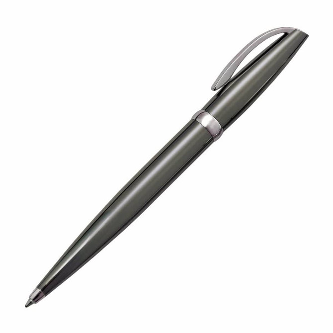 A sleek metal pen in dark grey with a silver accent and clip. Features a branding logo.