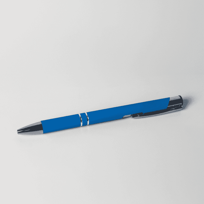 A blue metal pen with a shiny chrome clip and accents, featuring a branding logo.