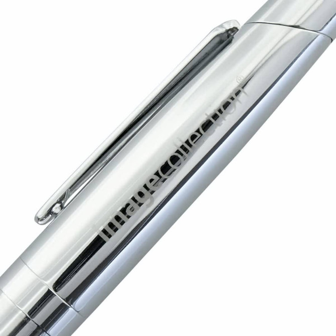 A silver metal pen with a sleek design and clip, featuring a logo on the barrel.