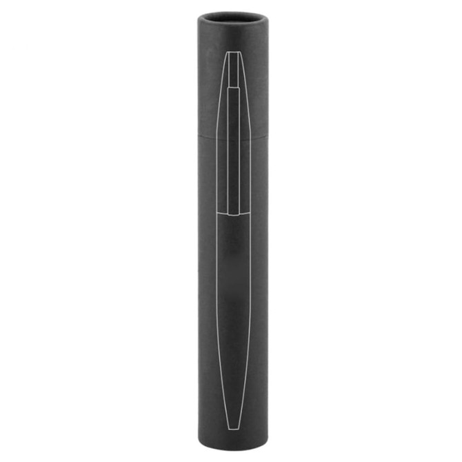 A black Slim Pen packaged in a cylindrical container, featuring a simple design and a logo.