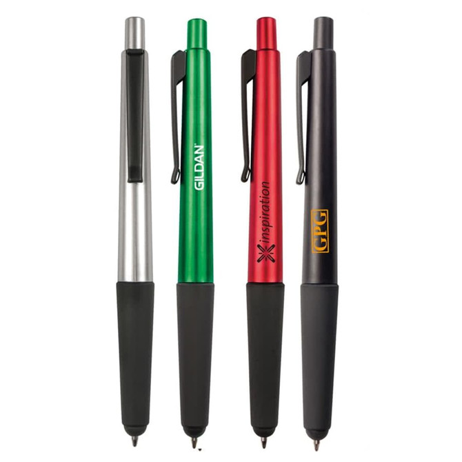 A collection of four 2 in 1 stylus pens in silver, green, red, and black, each with a clip and rubber grip.