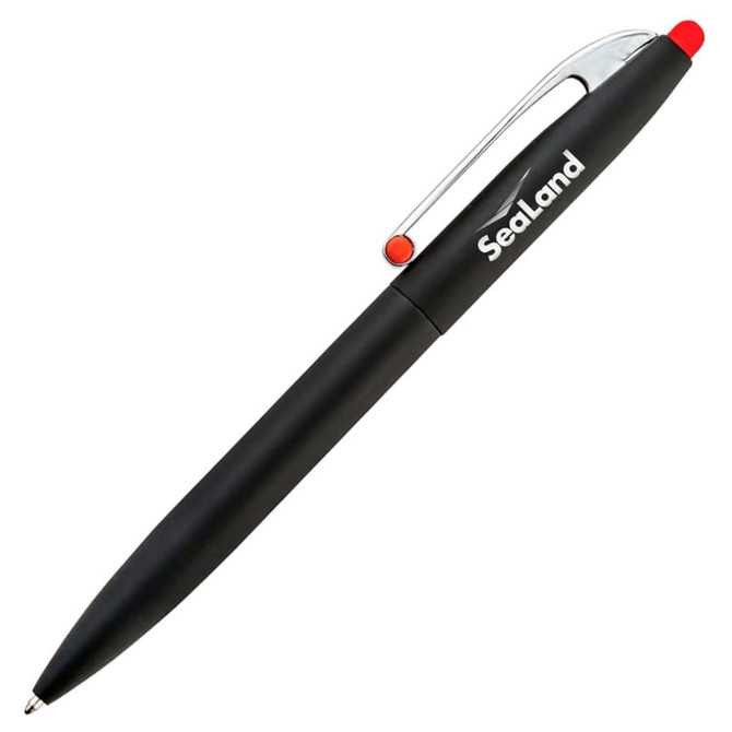 A black pen with a chrome clip and a red tip, featuring a branding logo.