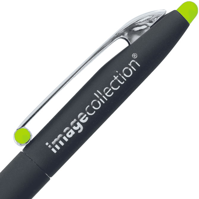 A black pen with a green tip and clip, featuring a branding logo on the barrel.