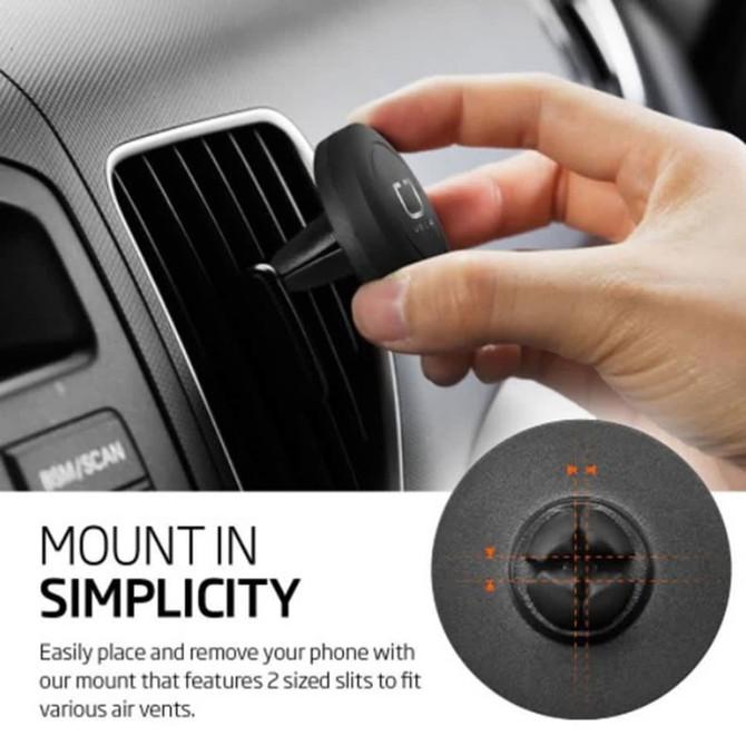 A round black phone holder designed for car air vents, featuring a mounting system with two sizes of slits.