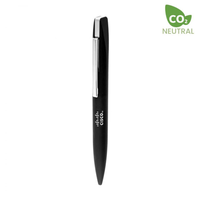 A black metal pen with a sleek design and a polished clip, featuring a logo.