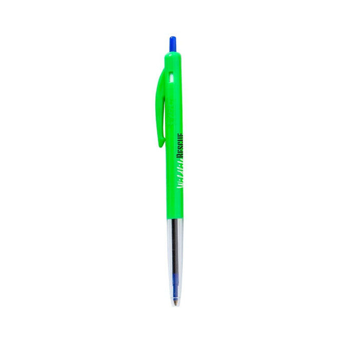 A green plastic pen with a blue ink tip and a clip. The pen features a logo.