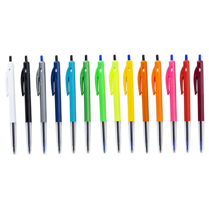 A collection of plastic pens in various colours: white, grey, blue, green, yellow, orange, pink, and red. Each has a logo.