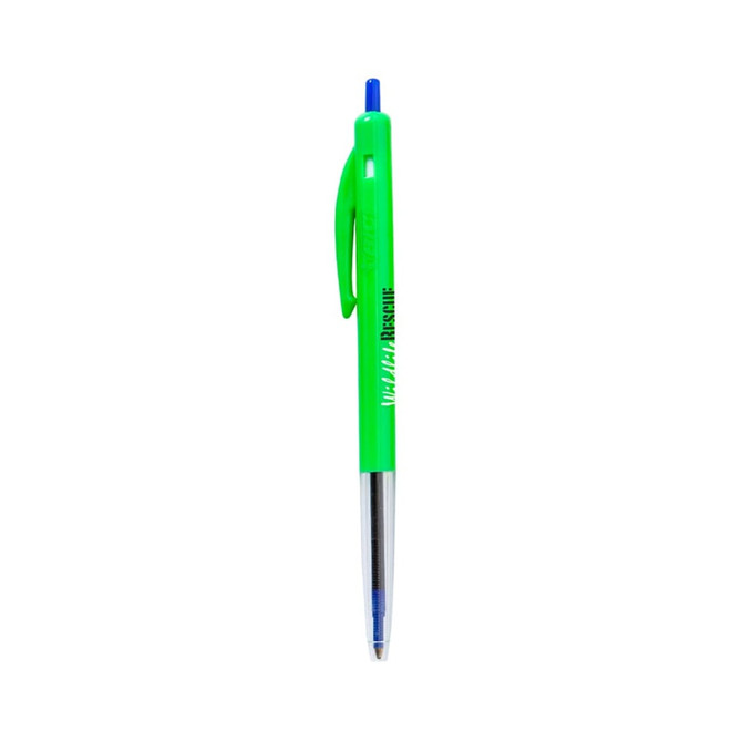 A green plastic pen with a blue ink tip and a clip, featuring a logo on the barrel.