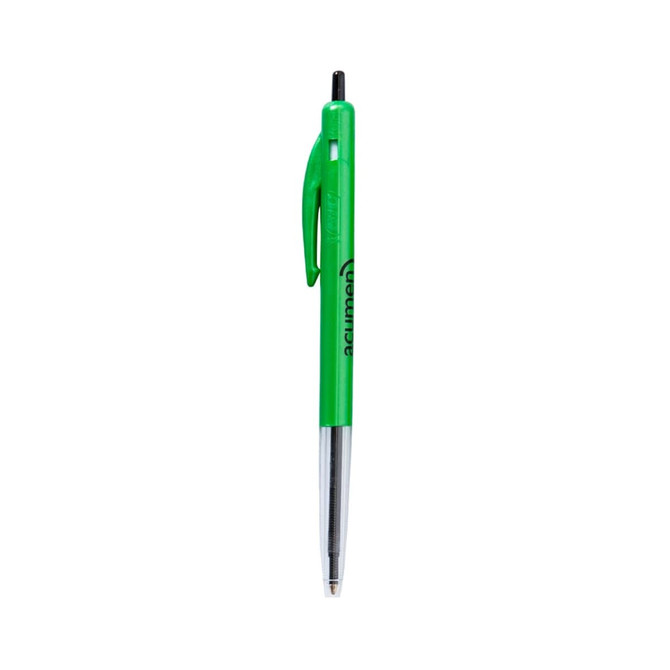 A green plastic pen with a clip and a black writing tip, featuring a logo on the barrel.