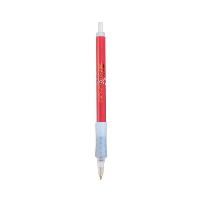 A red pen with a grip and a clear barrel, featuring a logo on its side.