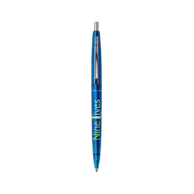 A blue Eco Clear Clics pen with a transparent barrel and silver clip, featuring a logo.