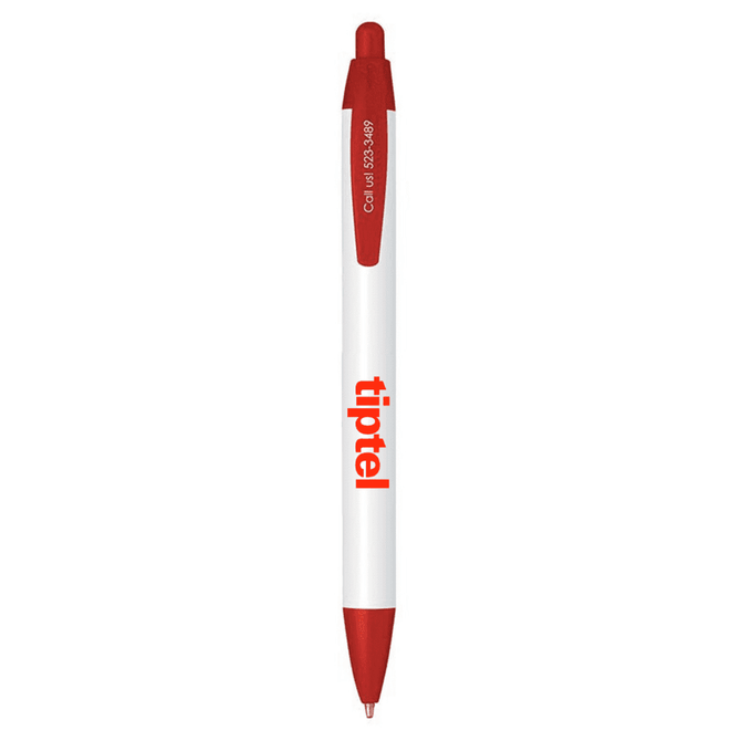 A plastic pen with a white body and red accents, featuring a logo.