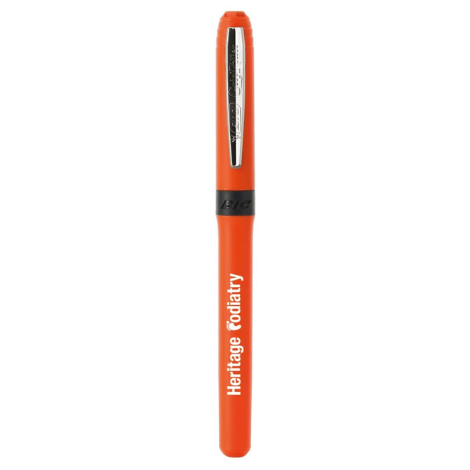 An orange pen with a sleek design and a black clip, featuring a brand logo.