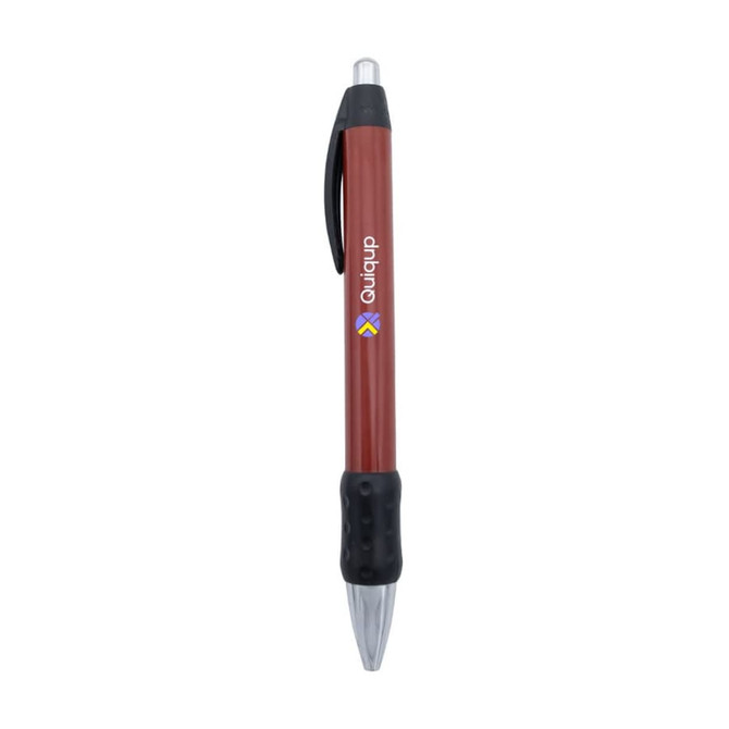 A widebody metal pen in a rich brown colour with a black rubber grip and a silver nib. It features a logo.