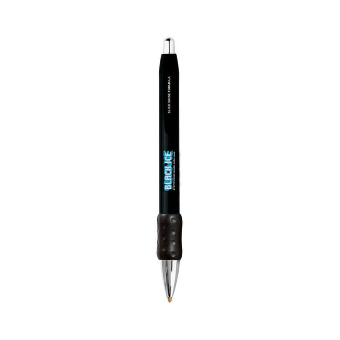 A black metal grip pen with a chrome finish and a textured black grip, featuring a branding logo.