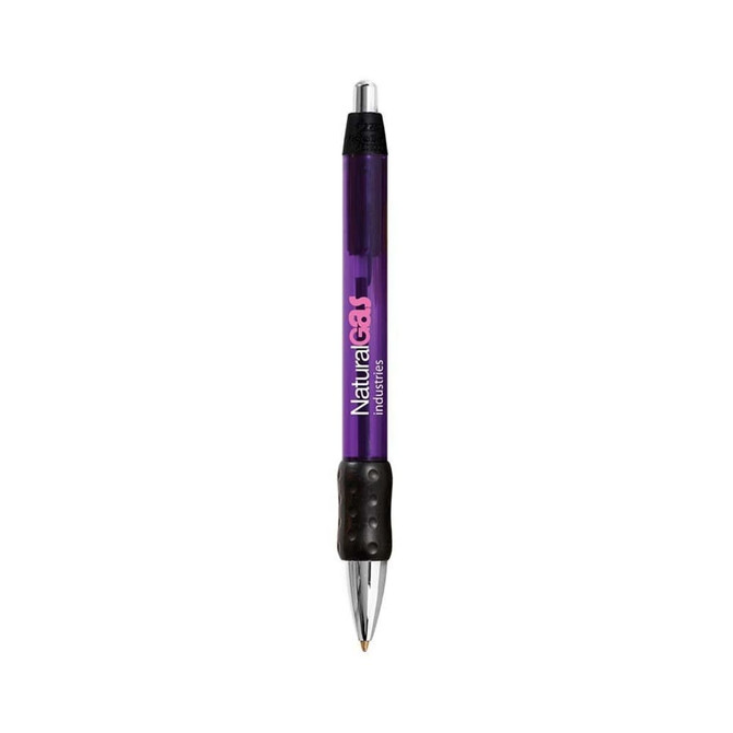 A purple metal grip pen with a black rubber grip, featuring a logo on the barrel.