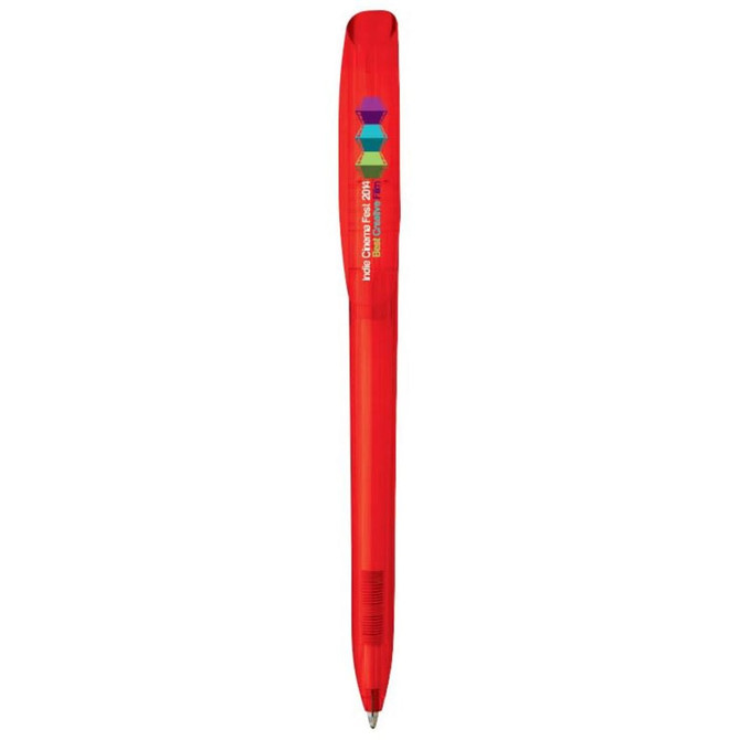 A red Bic Super Clip pen with a clear barrel and a branding logo near the top.