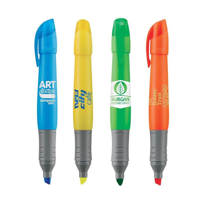 Four highlighters in blue, yellow, green, and orange, featuring grey grips and various logos. Four highlighters in blue, yellow, green, and orange, featuring grey grips and various logos.