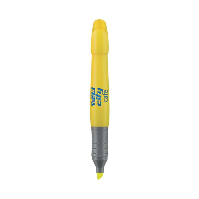 A yellow highlighter pen with a grey grip, featuring a logo on its side. A yellow highlighter pen with a grey grip, featuring a logo on its side.