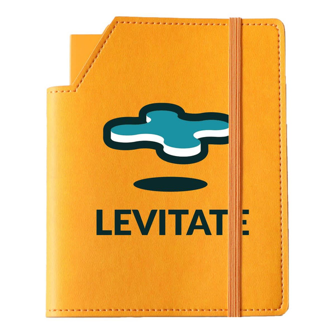 A leatherette notebook in orange with a logo on the front and an elastic closure.