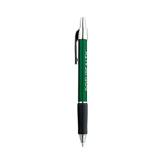 A metallic green pen with a black grip and chrome accents. It features a branding logo.