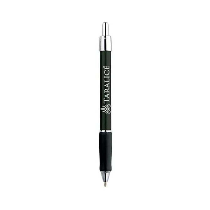 A metallic pen in black with a silver clip and a logo. Suitable for writing.