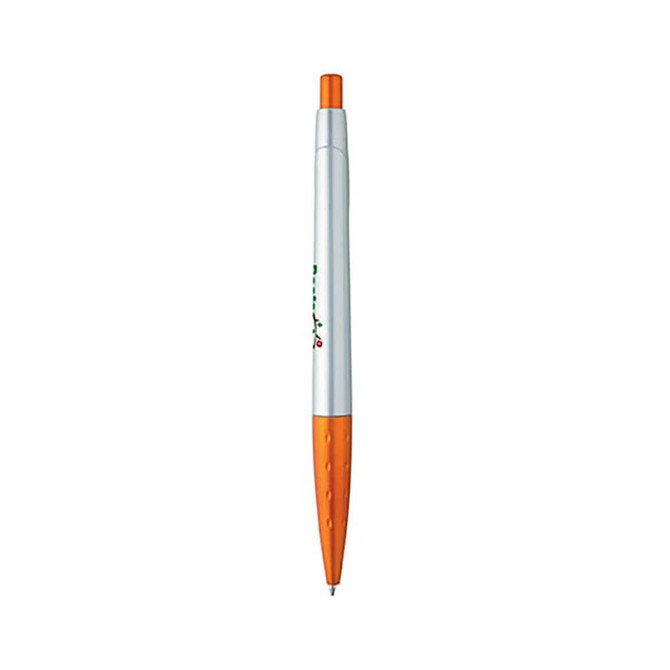 A silver plastic pen with an orange tip and grip, featuring a logo on its side.